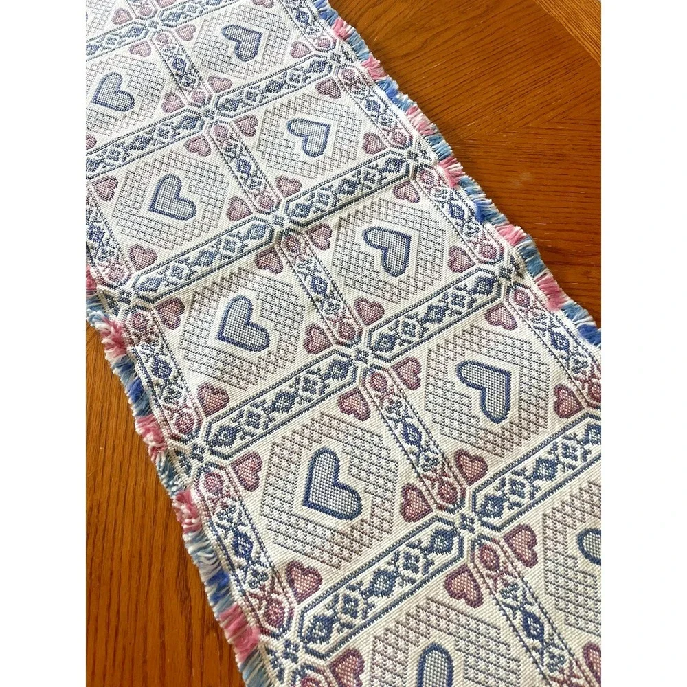 Vintage Cottagecore Woven Tapestry Table Runner 72" Hearts Country Grannycore - Picture 4 of 6